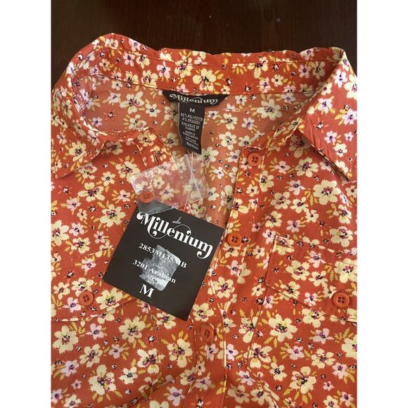 NWT Millenium Womens Mini Floral Midi Shirt Dress M Brown Retro 70s Work Casual - Picture 4 of 16